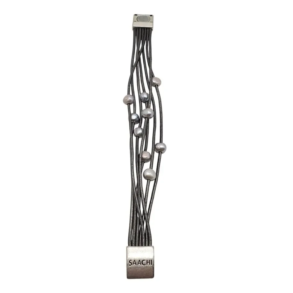 Saachi Freshwater Pearl Bracelet Gray Gunmetal Multi Strap Wrap Layered Modern - Picture 7 of 10